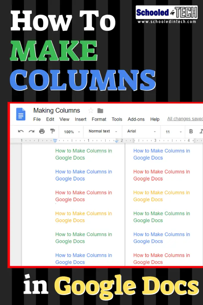 Adding columns is easy to do in Google Docs. This tutorial shows students and teachers how to insert columns using Chrome on WIndows or Chromebooks. #Gsuiteedu #Gsuite #edtech #chromebooks #googledoc