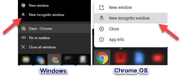 Examples of how to open a Chrome Incognito window in Windows and on a Chromebook.